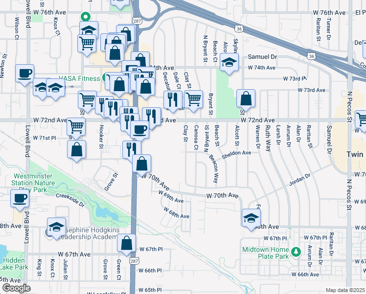map of restaurants, bars, coffee shops, grocery stores, and more near 7091 Clay Street in Westminster