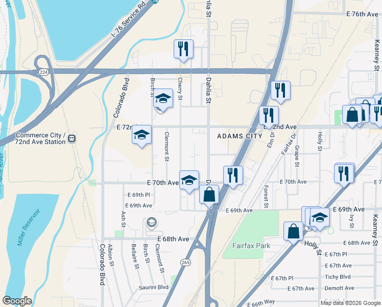 map of restaurants, bars, coffee shops, grocery stores, and more near 7070 Dexter Street in Commerce City