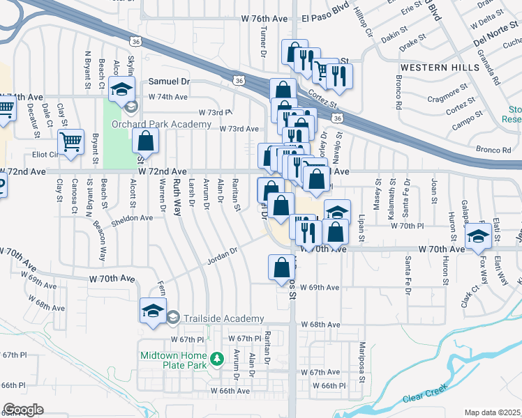 map of restaurants, bars, coffee shops, grocery stores, and more near 7073 North Pecos Street in Denver