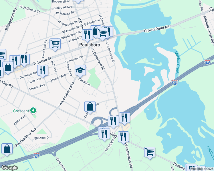 map of restaurants, bars, coffee shops, grocery stores, and more near 1742 Overbrook Avenue in Paulsboro