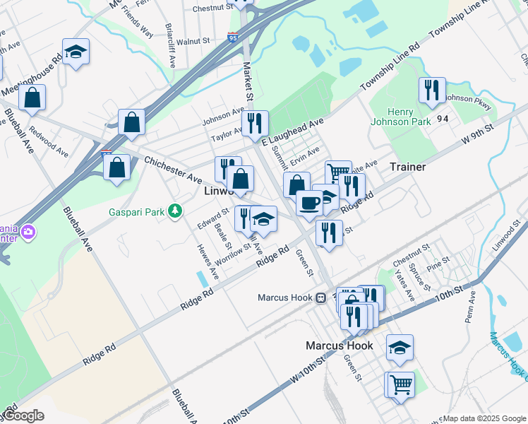 map of restaurants, bars, coffee shops, grocery stores, and more near 1536 Palmer Drive in Linwood