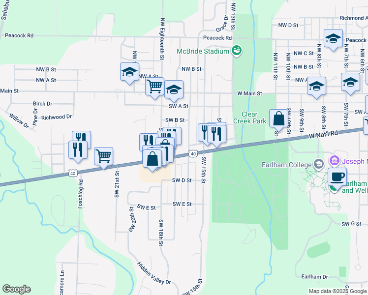 map of restaurants, bars, coffee shops, grocery stores, and more near 1624 National Road West in Richmond
