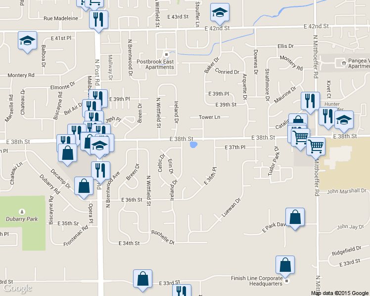 map of restaurants, bars, coffee shops, grocery stores, and more near 3727 Ireland Drive in Indianapolis