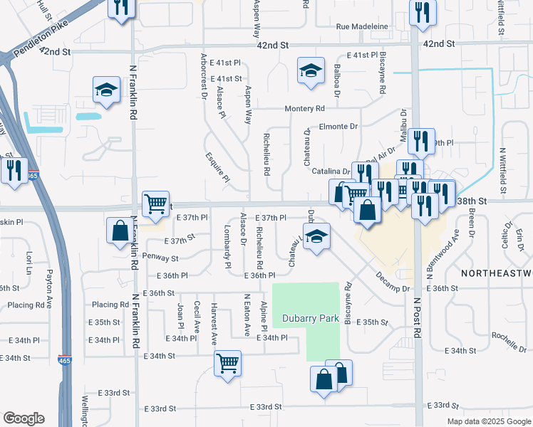 map of restaurants, bars, coffee shops, grocery stores, and more near 8431 East 37th Place in Indianapolis