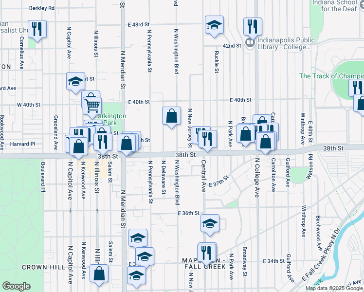 map of restaurants, bars, coffee shops, grocery stores, and more near 400 38th Street in Indianapolis
