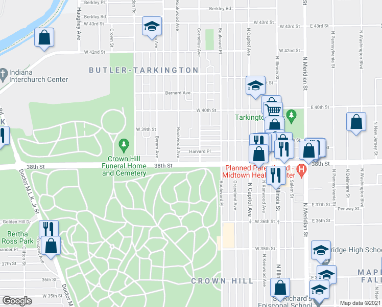 map of restaurants, bars, coffee shops, grocery stores, and more near 406 38th Street in Indianapolis