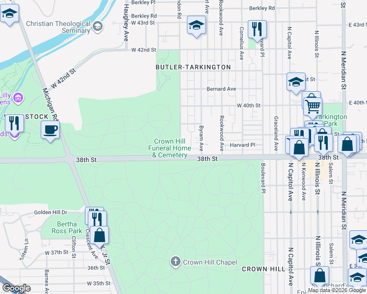 map of restaurants, bars, coffee shops, grocery stores, and more near 634 38th Street in Indianapolis