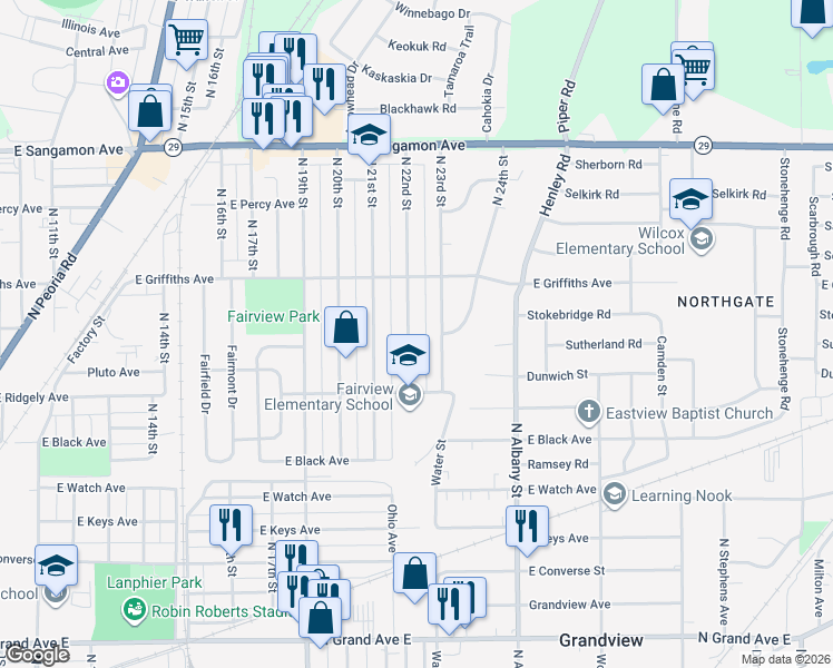 map of restaurants, bars, coffee shops, grocery stores, and more near 1805 North 22nd Street in Springfield