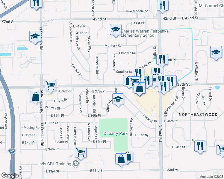 map of restaurants, bars, coffee shops, grocery stores, and more near 8540 East 37th Place in Indianapolis