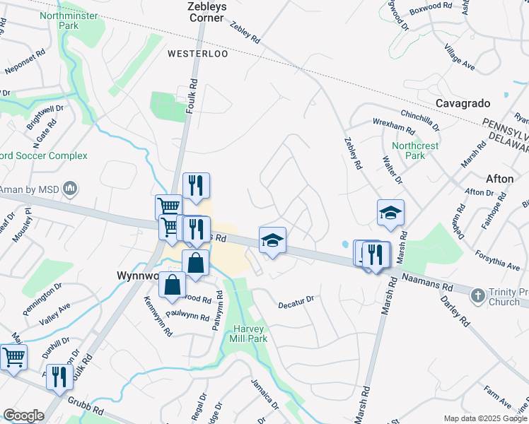 map of restaurants, bars, coffee shops, grocery stores, and more near 911 Morningdale Drive in Wilmington