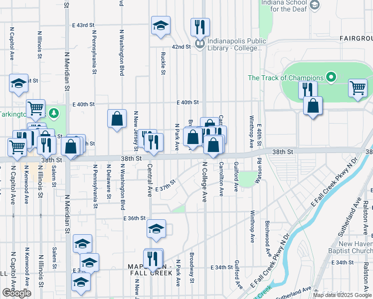 map of restaurants, bars, coffee shops, grocery stores, and more near 604 East 38th Street in Indianapolis