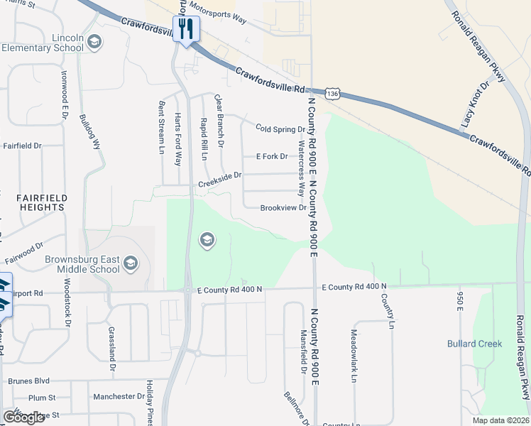 map of restaurants, bars, coffee shops, grocery stores, and more near 1747 Brookview Drive in Brownsburg