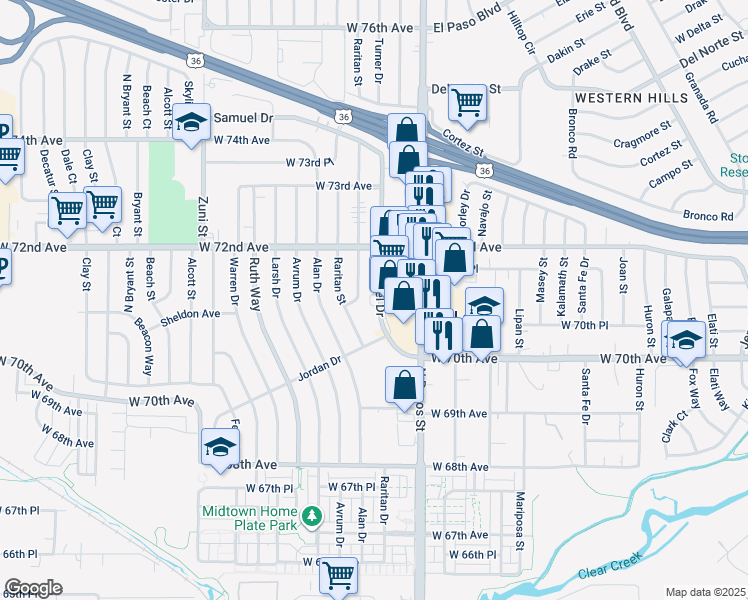 map of restaurants, bars, coffee shops, grocery stores, and more near 7121 Samuel Drive in Denver