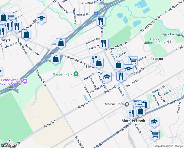 map of restaurants, bars, coffee shops, grocery stores, and more near 1574 Cooper Drive in Linwood