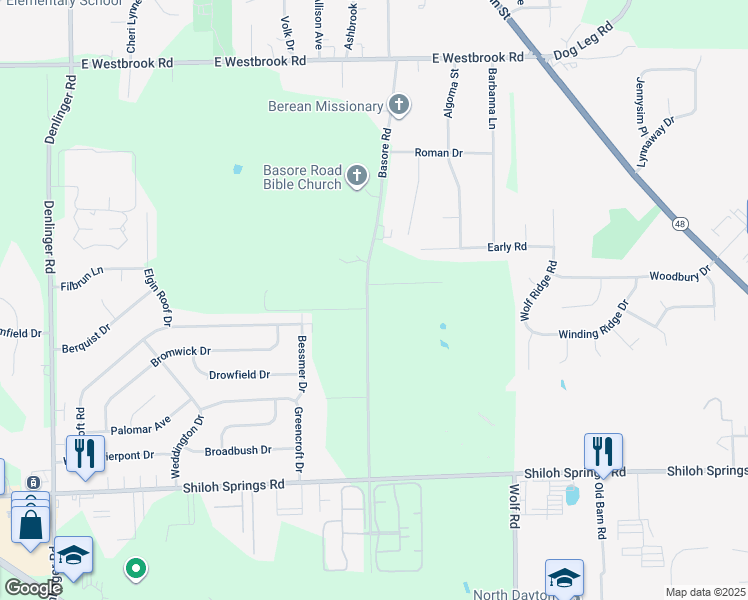 map of restaurants, bars, coffee shops, grocery stores, and more near 5440 Basore Road in Dayton