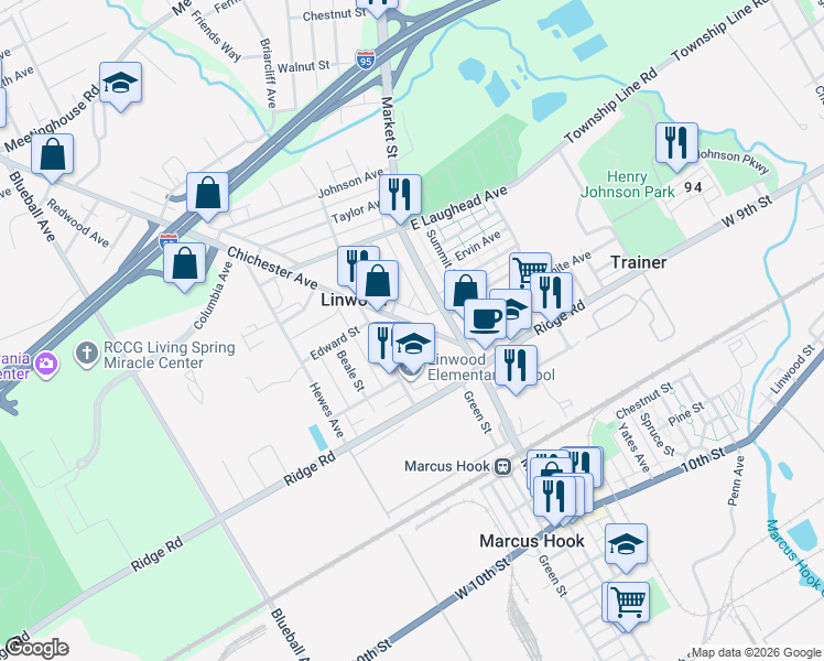 map of restaurants, bars, coffee shops, grocery stores, and more near 1536 Palmer Drive in Linwood