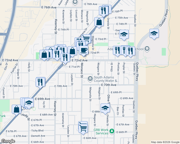 map of restaurants, bars, coffee shops, grocery stores, and more near 6561 East 70th Place in Commerce City