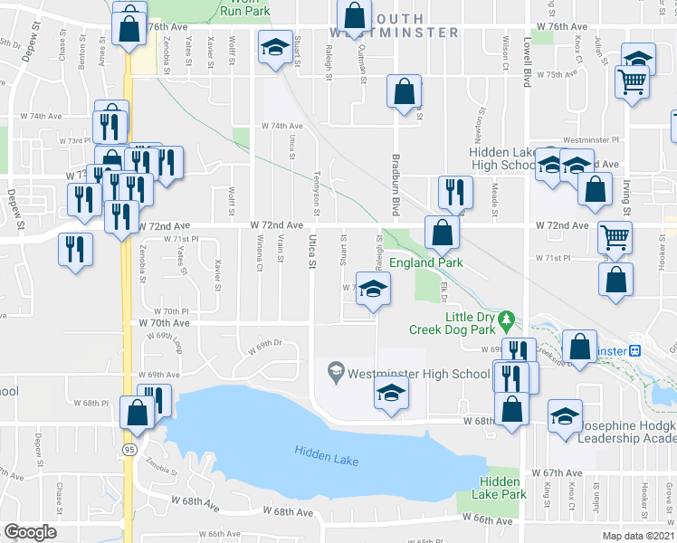 map of restaurants, bars, coffee shops, grocery stores, and more near 7045 Stuart Street in Westminster