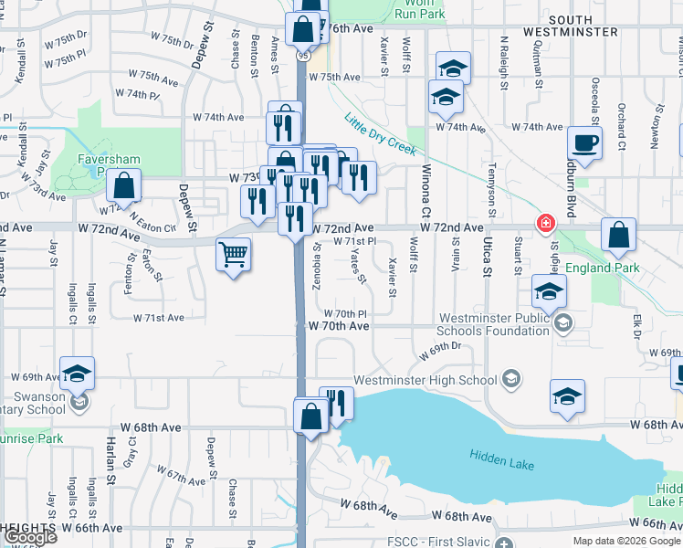 map of restaurants, bars, coffee shops, grocery stores, and more near 7007 Yates Court in Westminster