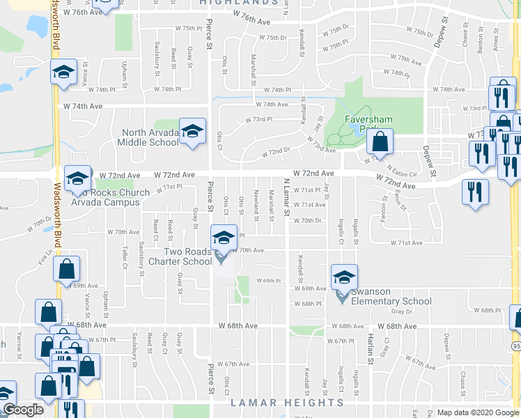 map of restaurants, bars, coffee shops, grocery stores, and more near 7044 Newland Street in Arvada