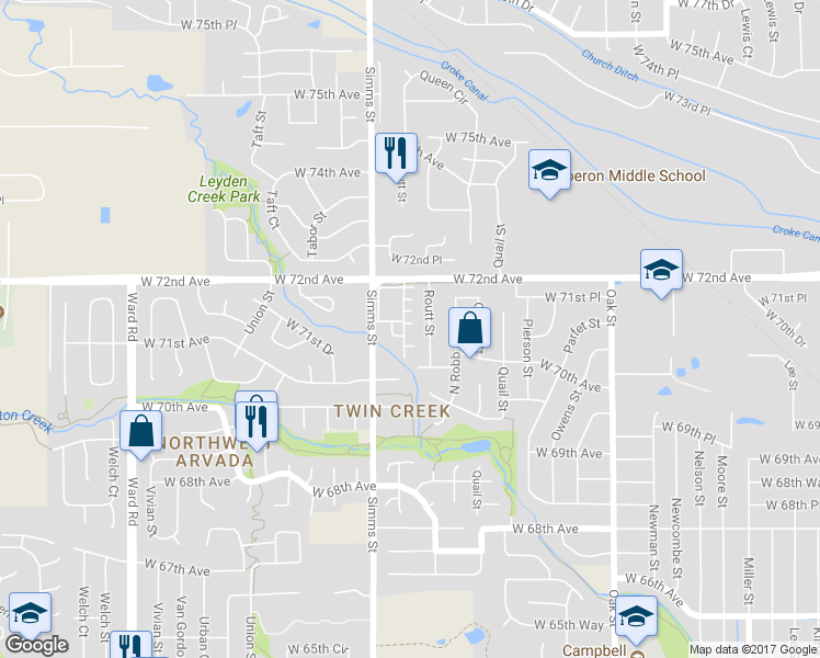 map of restaurants, bars, coffee shops, grocery stores, and more near 7106 Simms Street in Arvada