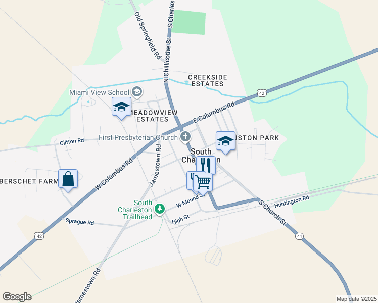 map of restaurants, bars, coffee shops, grocery stores, and more near 11 West Jamestown Street in South Charleston