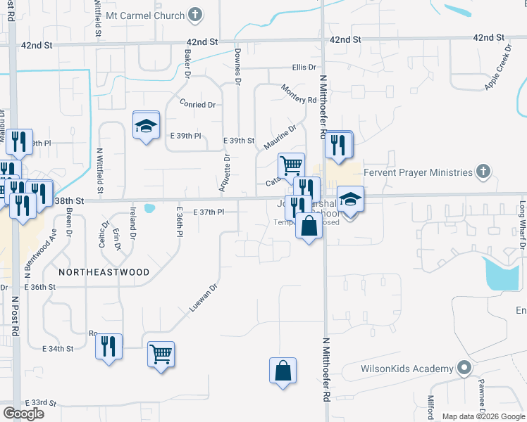 map of restaurants, bars, coffee shops, grocery stores, and more near 3728 Tudor Park Drive in Indianapolis
