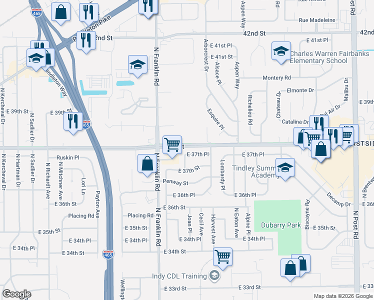 map of restaurants, bars, coffee shops, grocery stores, and more near 3728 Joan Place in Indianapolis