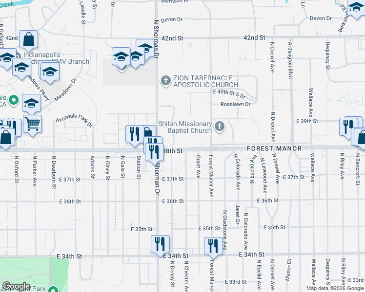 map of restaurants, bars, coffee shops, grocery stores, and more near 4001 East 38th Street in Indianapolis