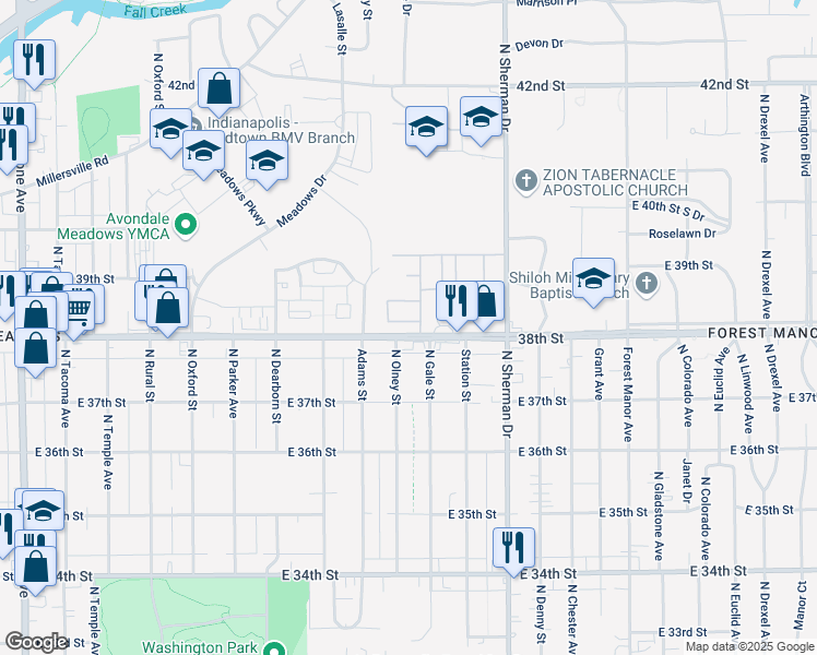 map of restaurants, bars, coffee shops, grocery stores, and more near 3525 East 38th Street in Indianapolis
