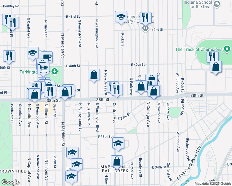 map of restaurants, bars, coffee shops, grocery stores, and more near 502 East 38th Street in Indianapolis