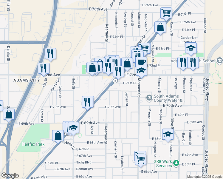 map of restaurants, bars, coffee shops, grocery stores, and more near 7110 Colorado 2 in Commerce City