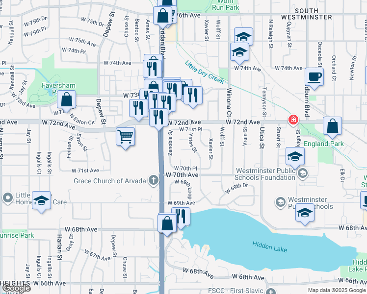 map of restaurants, bars, coffee shops, grocery stores, and more near 7007 Yates Court in Westminster