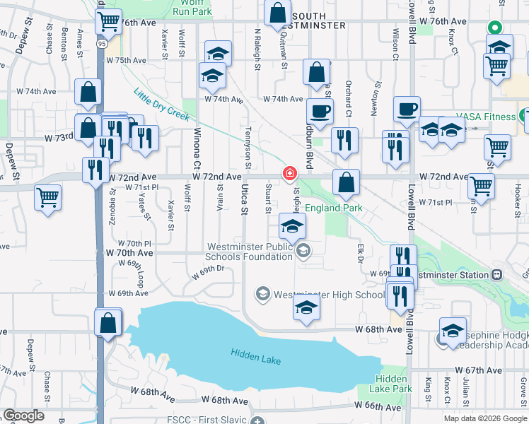 map of restaurants, bars, coffee shops, grocery stores, and more near 7045 Stuart Street in Westminster