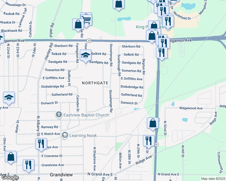 map of restaurants, bars, coffee shops, grocery stores, and more near 1918 Stonehenge Road in Springfield