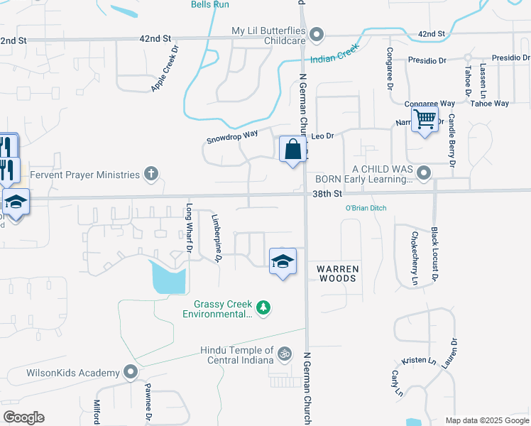map of restaurants, bars, coffee shops, grocery stores, and more near 10906 Bellflower Court in Indianapolis