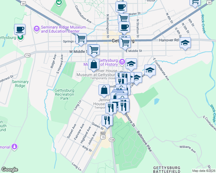 map of restaurants, bars, coffee shops, grocery stores, and more near 230 Lincoln Lane in Gettysburg