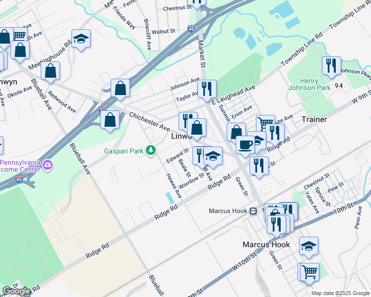 map of restaurants, bars, coffee shops, grocery stores, and more near 116 Edward Street in Chester