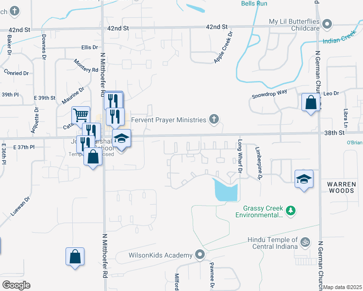 map of restaurants, bars, coffee shops, grocery stores, and more near 3714 La Crosse Court in Indianapolis