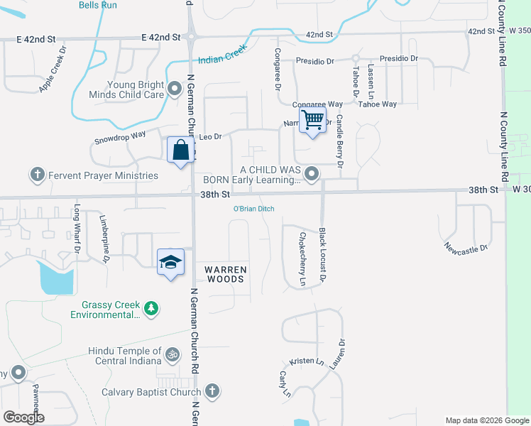 map of restaurants, bars, coffee shops, grocery stores, and more near 3621 Willowood Drive in Indianapolis