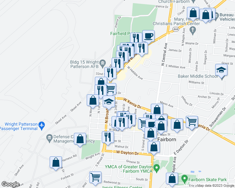 map of restaurants, bars, coffee shops, grocery stores, and more near 212 North 2nd Street in Fairborn
