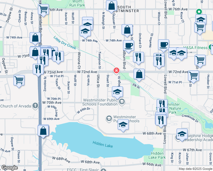 map of restaurants, bars, coffee shops, grocery stores, and more near 7045 Stuart Street in Westminster
