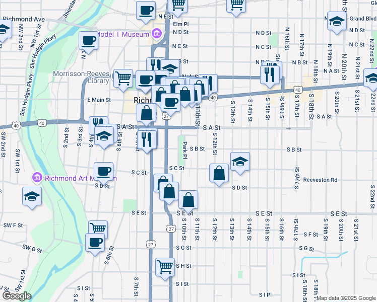 map of restaurants, bars, coffee shops, grocery stores, and more near 224 South 11th Street in Richmond