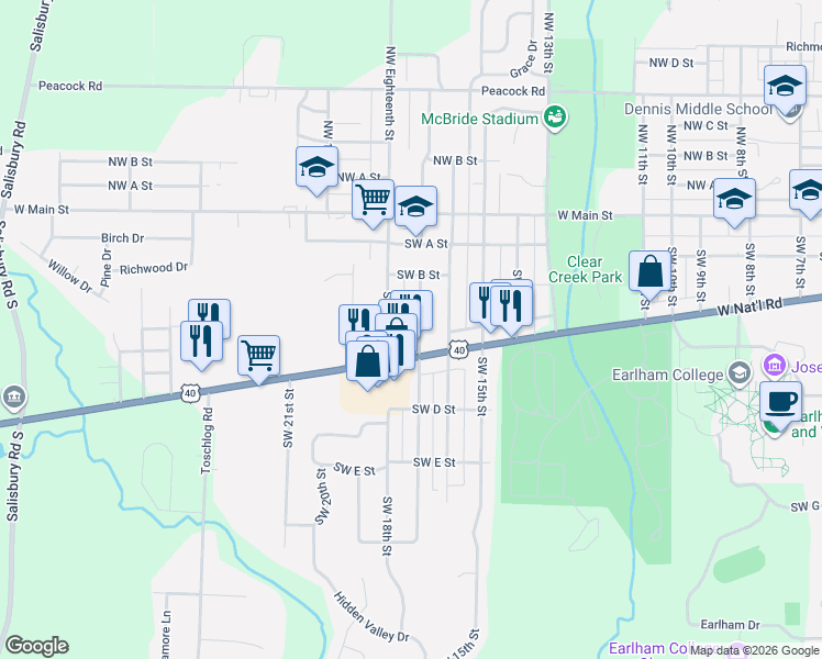 map of restaurants, bars, coffee shops, grocery stores, and more near 1624 National Road West in Richmond
