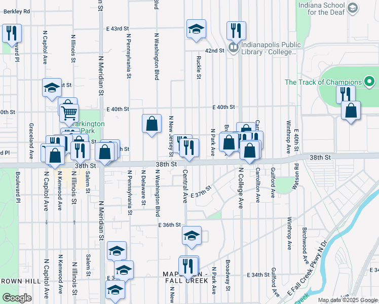 map of restaurants, bars, coffee shops, grocery stores, and more near 3804 Central Avenue in Indianapolis