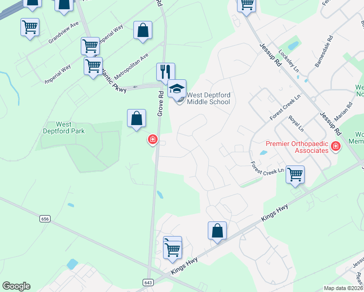 map of restaurants, bars, coffee shops, grocery stores, and more near 913 Denston Road in West Deptford