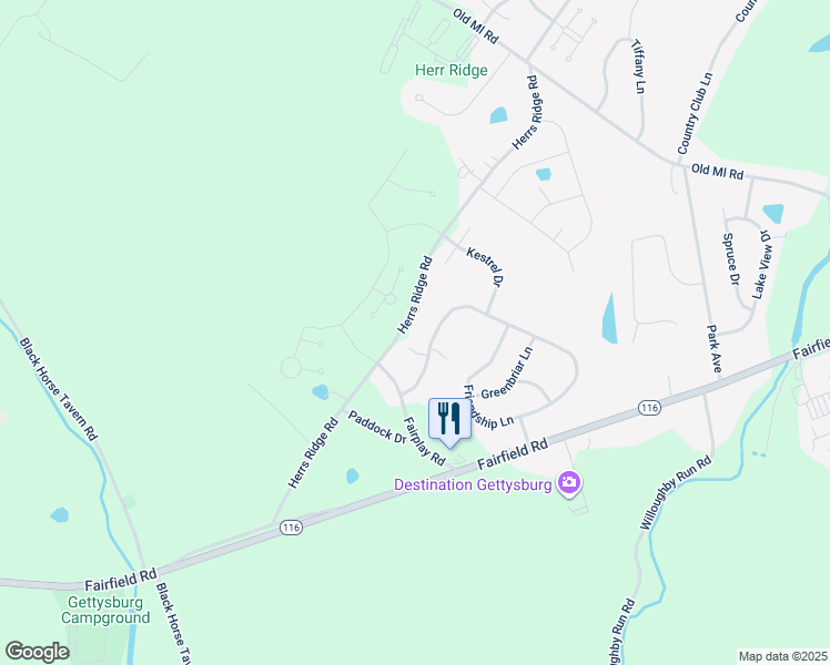 map of restaurants, bars, coffee shops, grocery stores, and more near 429 Friendship Lane in Gettysburg