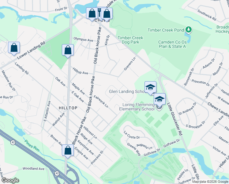 map of restaurants, bars, coffee shops, grocery stores, and more near 20 East Oak Avenue in Camden County