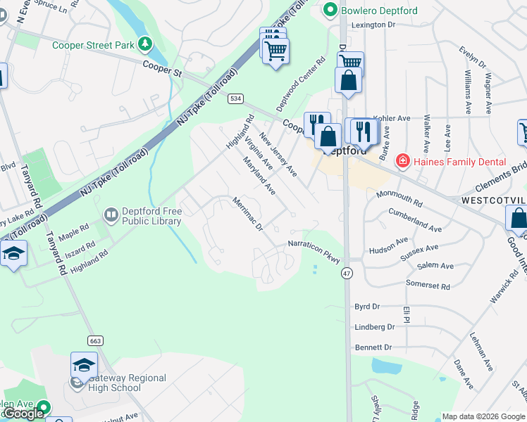map of restaurants, bars, coffee shops, grocery stores, and more near 14 Buckthorn Court in Deptford