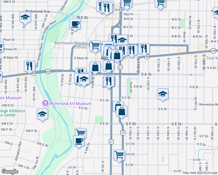 map of restaurants, bars, coffee shops, grocery stores, and more near 225 South 7th Street in Richmond